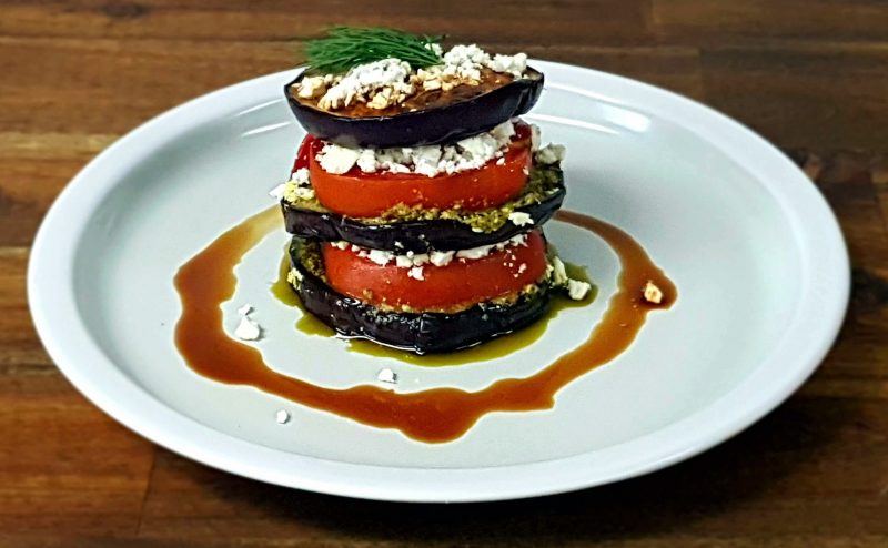 Eggplant and Tomato Stack with Pesto and Feta