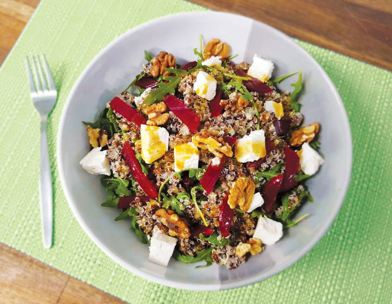 Quinoa, beetroot, goat cheese and rocket salad